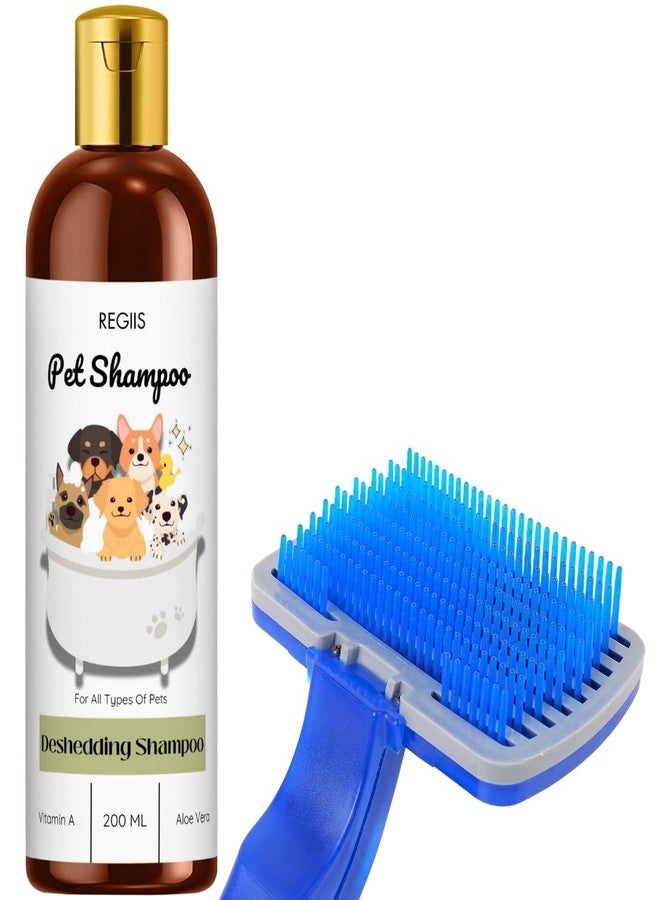 شامبو للحيوانات الأليفة بتركيبة لإزالة الشعر الزائد مع فيتامين أ والصبار، 200 مل، لجميع أنواع الحيوانات الأليفة، يتضمن فرشاة تنظيف زرقاء (عبوتان) - Image 1